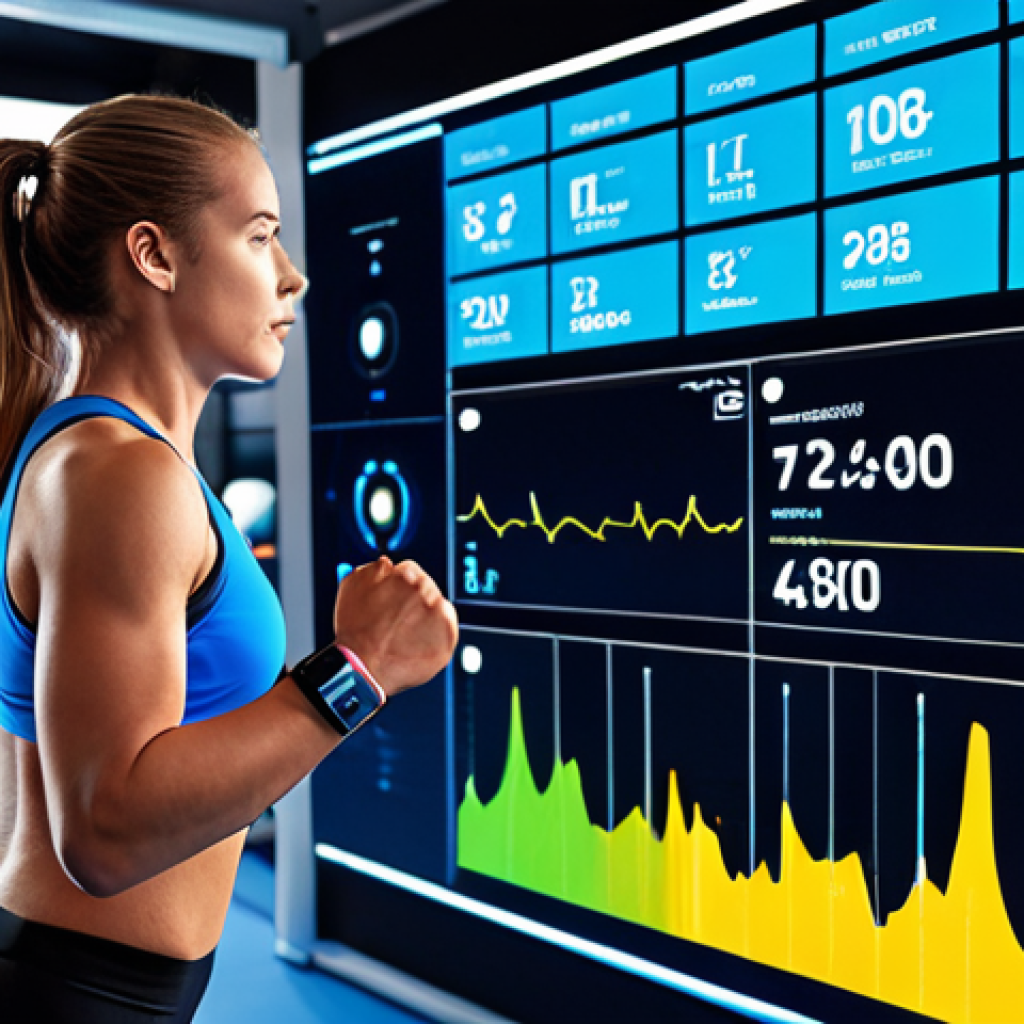 **Prompt 1: Data-Driven Performance**
A futuristic sports training scene. A focused athlete, dynamically posed mid-action (e.g., running or strength training), surrounded by glowing data visualizations. Display real-time biometric readings like heart rate zones, VO2 Max, and personalized training metrics projected as augmented reality elements. Highlight advanced wearable technology, such as a sleek smartwatch or smart clothing. The setting is a modern, high-tech training facility or a digital interface, emphasizing precision, data-driven optimization, and peak performance. High detail, vibrant colors, professional sports photography style, UHD.
