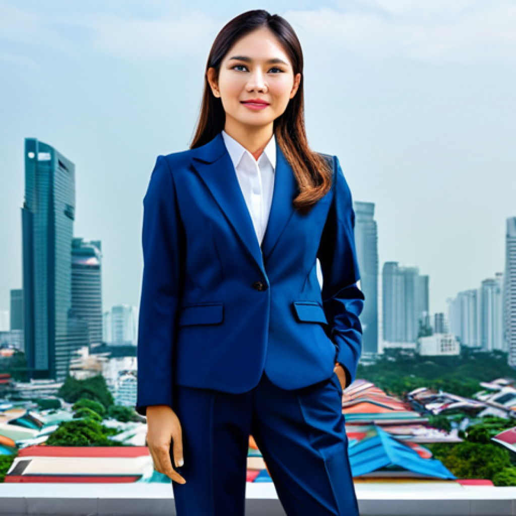 **

"A confident Thai businesswoman in a modern, stylish business suit, standing in front of the Bangkok skyline, fully clothed, appropriate attire, safe for work, perfect anatomy, natural proportions, professional photography, high quality, bright and vibrant colors, optimistic mood, modest clothing, family-friendly."

**