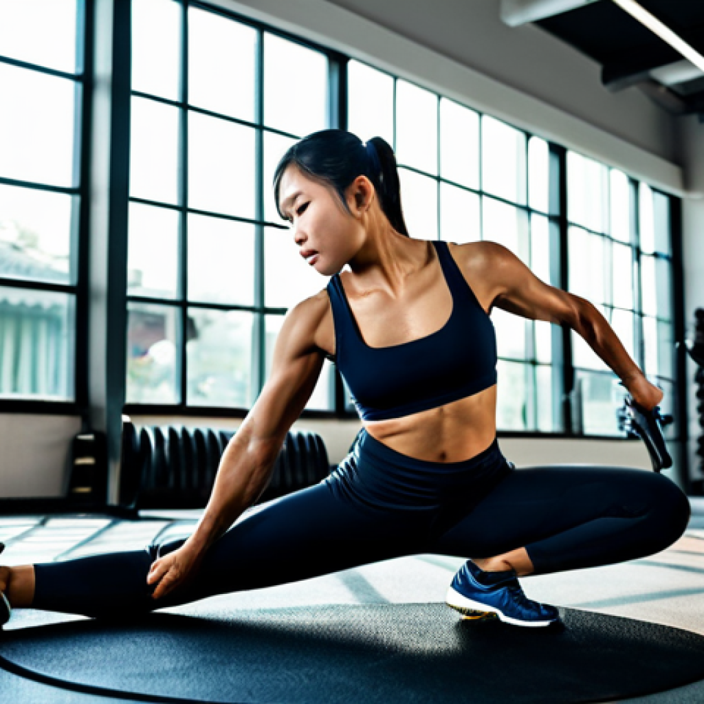 **Subject:** A Thai athlete, fully clothed in athletic wear, performing dynamic stretching in a well-lit gym.
    **Environment:** Modern fitness center with exercise equipment in the background.
    **Details:** Perfect anatomy, natural pose, professional lighting, high resolution.
    **Safety:** Safe for work, appropriate content, fully clothed, professional.