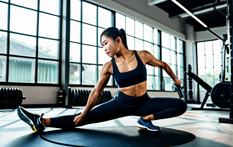 **Subject:** A Thai athlete, fully clothed in athletic wear, performing dynamic stretching in a well-lit gym.
    **Environment:** Modern fitness center with exercise equipment in the background.
    **Details:** Perfect anatomy, natural pose, professional lighting, high resolution.
    **Safety:** Safe for work, appropriate content, fully clothed, professional.