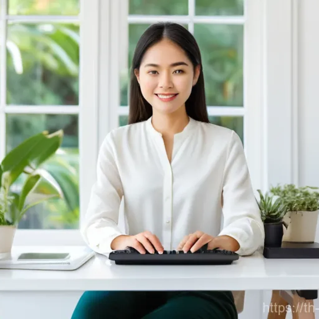 운동 역학 - **Prompt:** "A young Thai woman (around 20-30 years old) is demonstrating perfect ergonomic posture ...