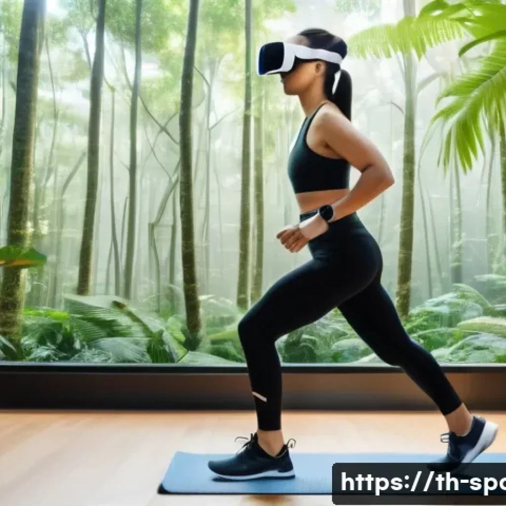 운동 시뮬레이션 - A young Thai woman wearing comfortable sportswear and a VR headset, exercising in a modern living ro...