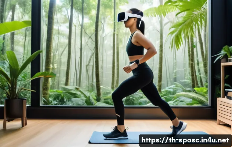 운동 시뮬레이션 - A young Thai woman wearing comfortable sportswear and a VR headset, exercising in a modern living ro...