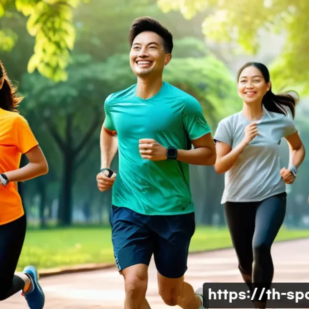 체력 테스트 - A diverse group of Thai adults in a modern urban park setting performing a 12-minute run test to mea...