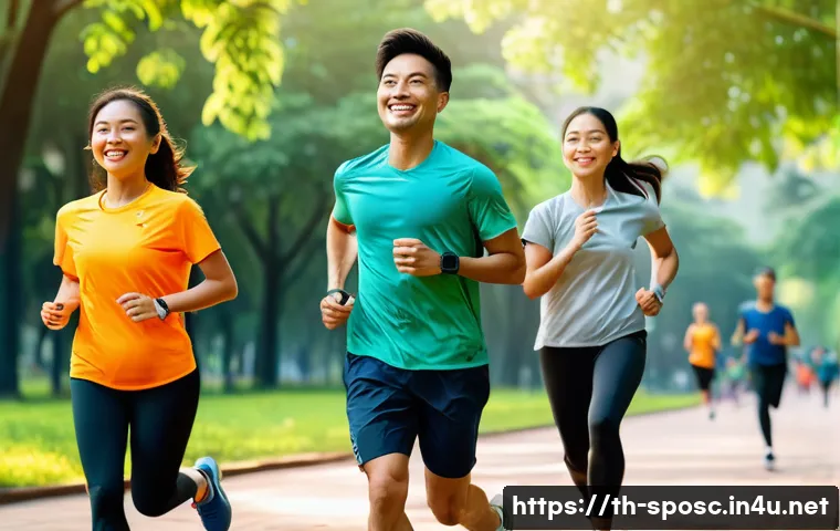 체력 테스트 - A diverse group of Thai adults in a modern urban park setting performing a 12-minute run test to mea...