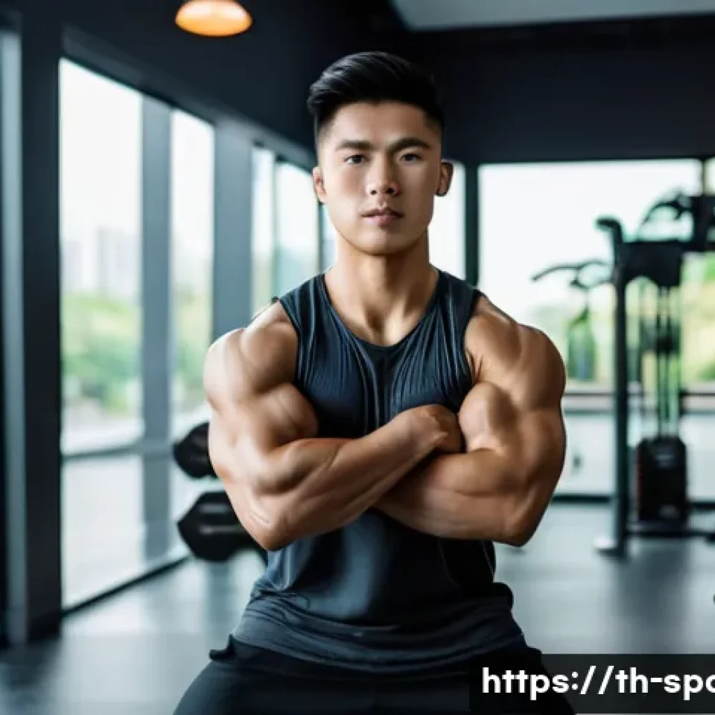 스포츠 과학 교육 - A detailed and realistic gym scene showing a young Thai man in his mid-20s performing strength train...