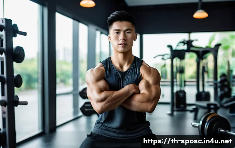 스포츠 과학 교육 - A detailed and realistic gym scene showing a young Thai man in his mid-20s performing strength train...