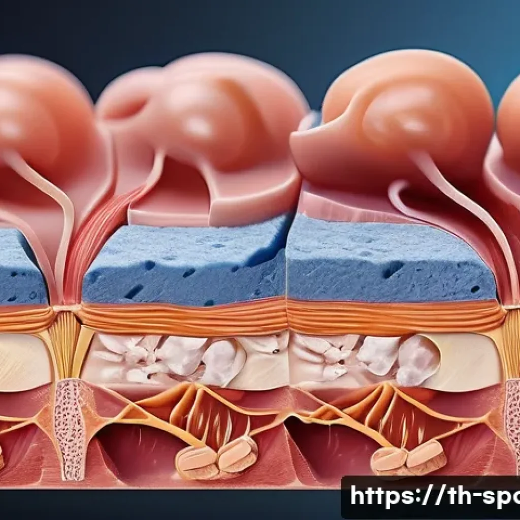 생리학적 회복 - A detailed anatomical illustration of human muscle tissue undergoing repair after exercise, showing ...