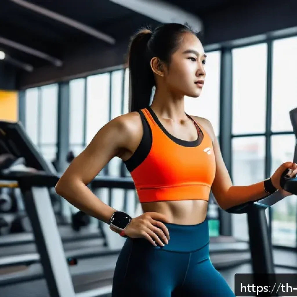 스포츠과학 연구 동향 - A modern sports training scene in a vibrant Bangkok gym, featuring a young Thai athlete wearing high...