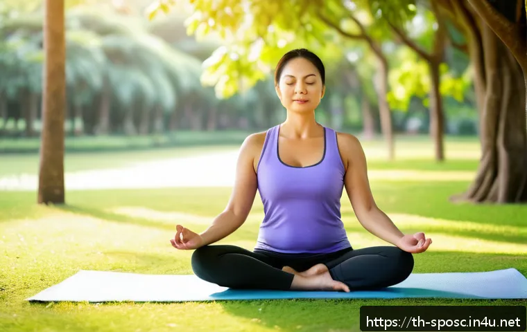 운동 및 심리학 연구 - A peaceful morning scene in a serene Thai park featuring a middle-aged woman practicing gentle yoga ...