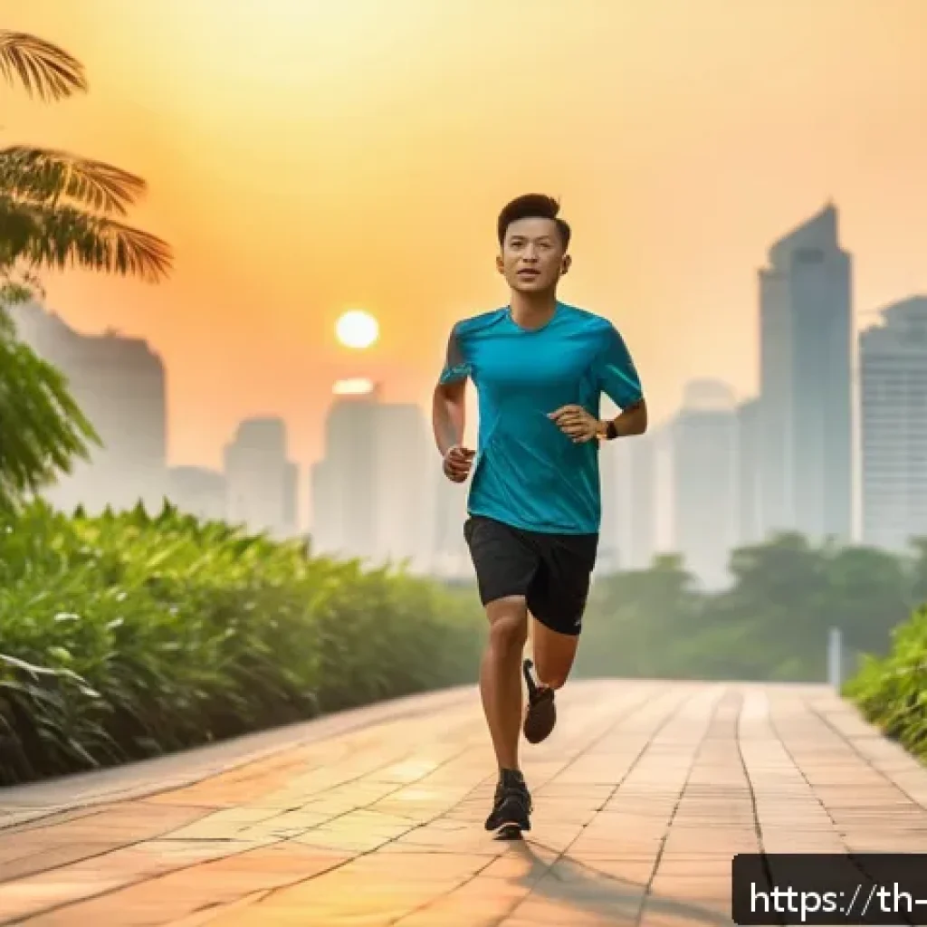 운동 및 체력 강화를 위한 계획 - A fit young Thai man in sporty casual wear, jogging along a scenic riverside path at sunrise in Bang...
