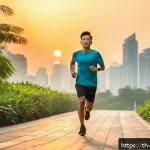 Home 20 운동 및 체력 강화를 위한 계획 - A fit young Thai man in sporty casual wear, jogging along a scenic riverside path at sunrise in Bang...