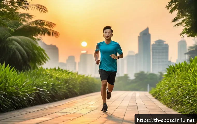 운동 및 체력 강화를 위한 계획 - A fit young Thai man in sporty casual wear, jogging along a scenic riverside path at sunrise in Bang...