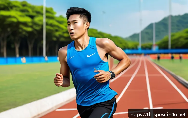 스포츠 과학 연구 방법론 - A high-tech sports training scene featuring a Thai short-distance runner wearing smart wearable sens...