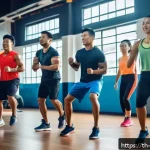 Home 23 체육 교육과 스포츠 과학 - A diverse group of Thai adults in a modern gym setting performing High-Intensity Interval Training (...