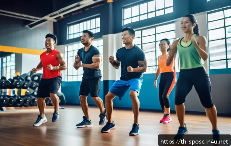 체육 교육과 스포츠 과학 - A diverse group of Thai adults in a modern gym setting performing High-Intensity Interval Training (...