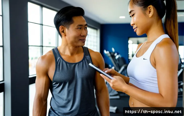 Home 17 트레이너와의 협력 - Photorealistic fitness consultation in a modern Bangkok gym, a friendly Thai personal trainer and an...